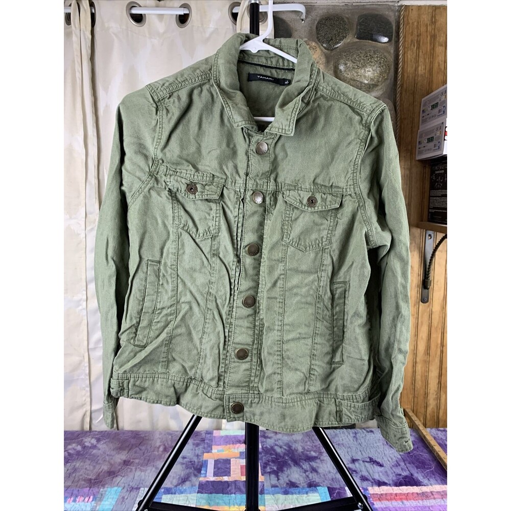 Tahari Women’s Large Green Button-Up Collared Chino Jacket Olive Snap Button